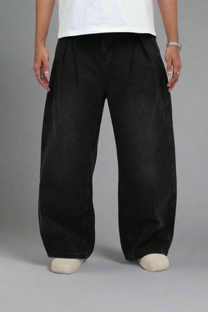 Goatcha Pleated Wide Leg Denim Pants - Black